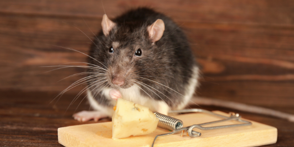 house mouse sitting near mouse trap with cheese on it