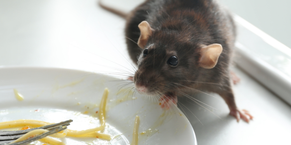 norway rat by kitchen sink stepping onto white plate of spaghetti leftovers